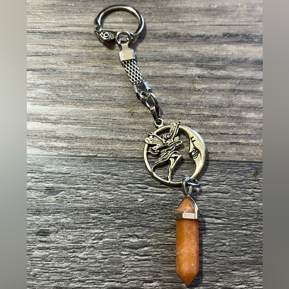 Handmade Jewelry - Silver-Tone Fairy & Crescent Moon Pendant Necklace with Orange Stone - fairycore